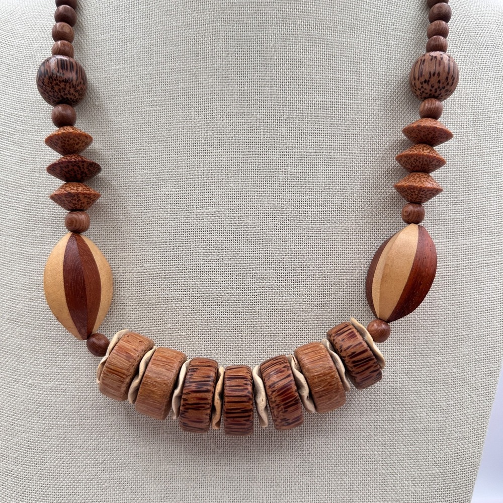 Vintage 80s Bohemian Chunky Wood Bead Necklace Coconut Shell Brown Jewelry